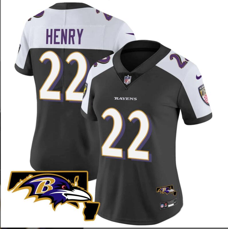Women Baltimore Ravens #22 Henry Maryland Patch Vapor Limited 2024 NFL Nike black jerseys